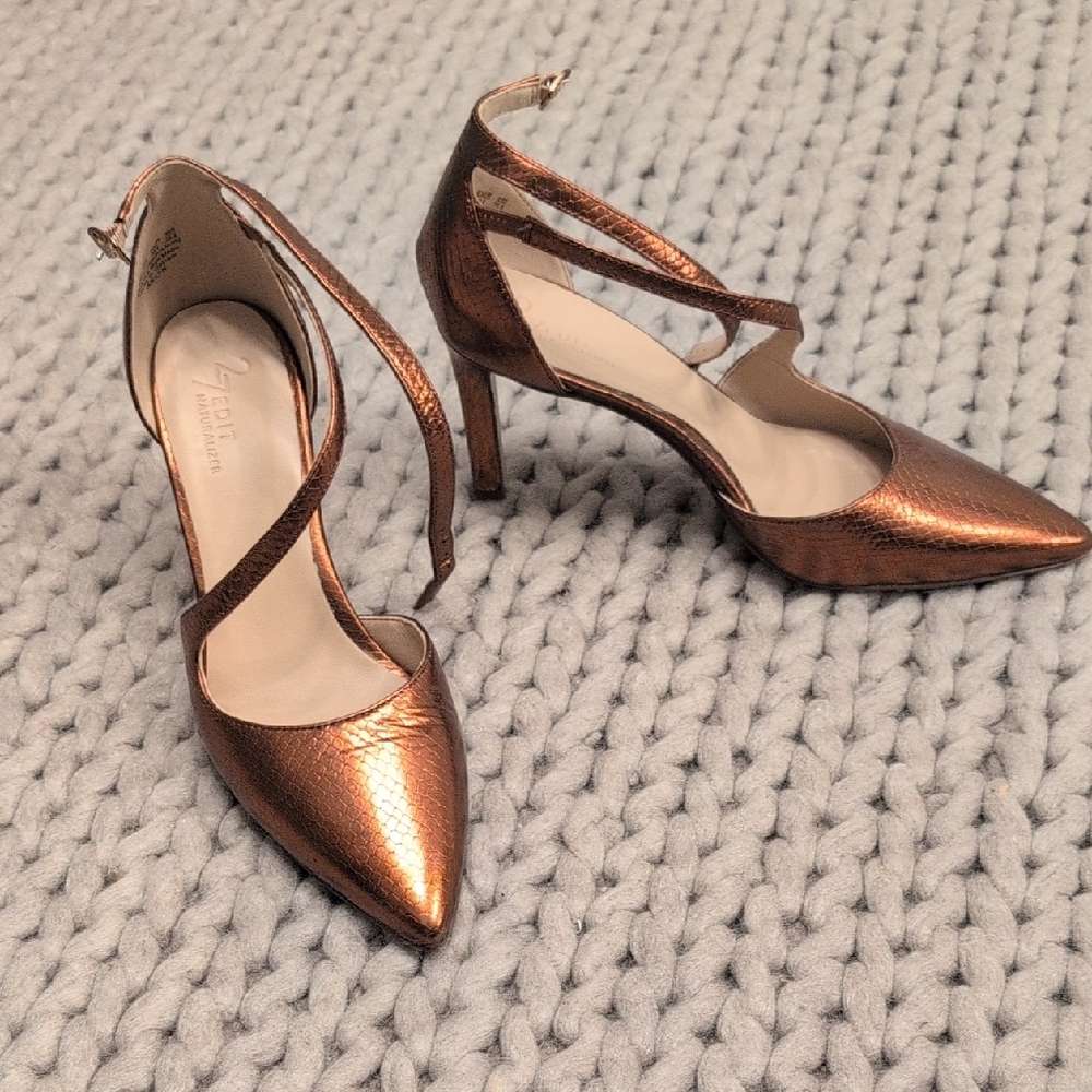 27 Edit by Naturalizer Bronze Snakeskin Pointed-Toe Heels | 3.5” Heel | Size 9.5